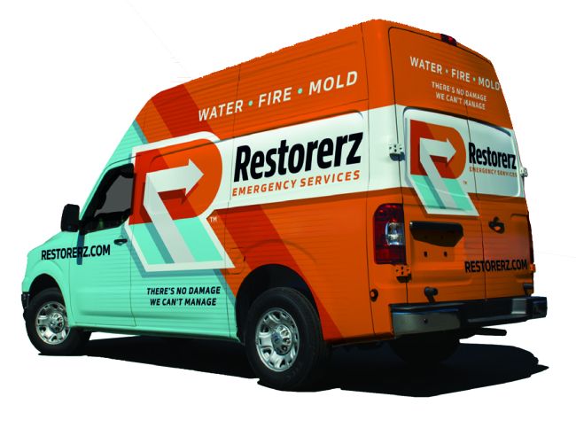 A Restorerz Emergency Services van with orange, white, and teal branding, advertising services for water, fire, and mold damage.