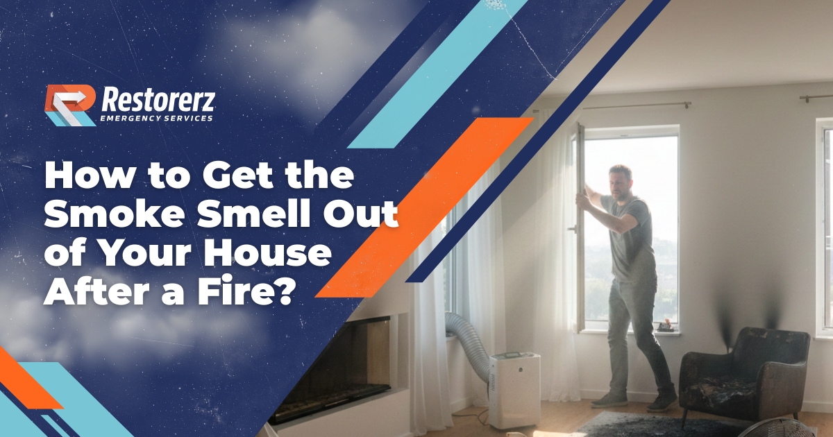 A man opens a window in a living room with smoke, promoting tips to remove smoke smell after a fire. Text reads, "How to Get the Smoke Smell Out of Your House After a Fire?.