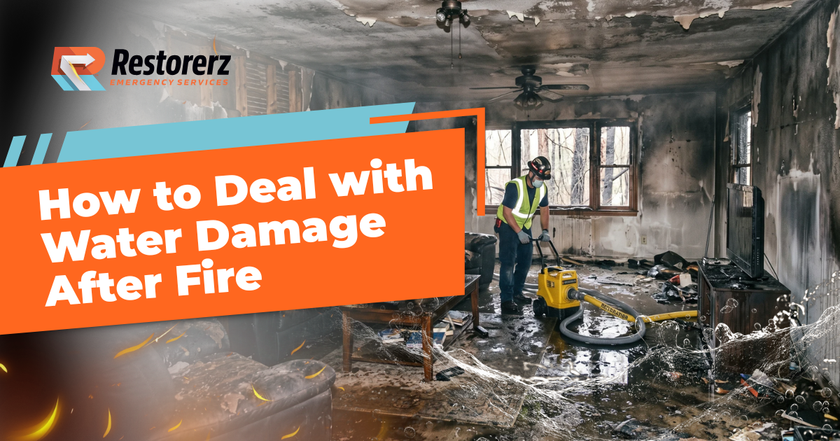 A worker in safety gear uses equipment to clean a fire-damaged living room. Text overlay reads, "How to Deal with Water Damage After Fire.