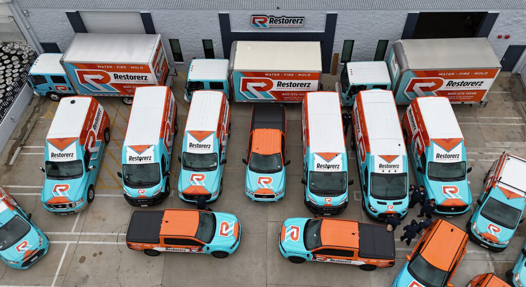 A fleet of Restorez-branded service vehicles, including vans, trucks, and pickups, parked in an organized manner outside a building.