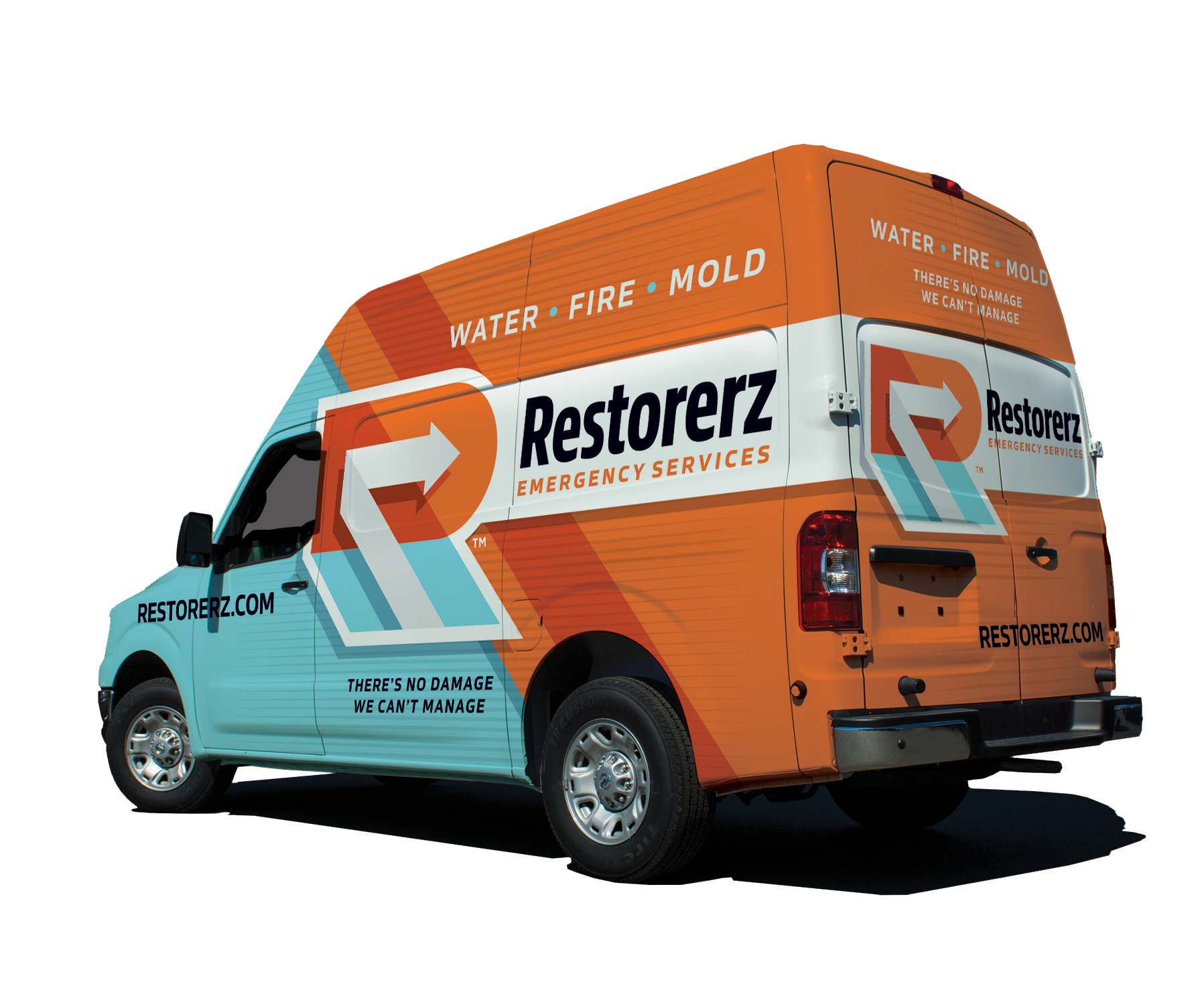 A delivery van with "Restorerz Emergency Services" branding in blue, orange, and white colors, advertising water, fire, and mold damage restoration.