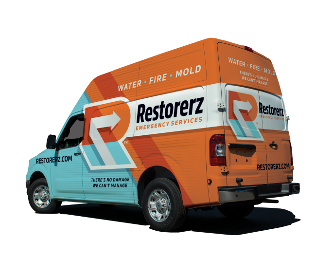 A delivery van with "Restorerz Emergency Services" branding in blue, orange, and white colors, advertising water, fire, and mold damage restoration.