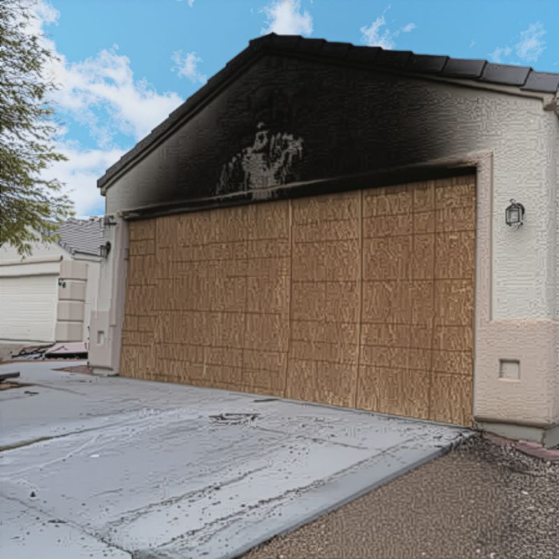 A residential garage door is boarded up with plywood; the upper exterior wall above the door shows significant black fire damage.